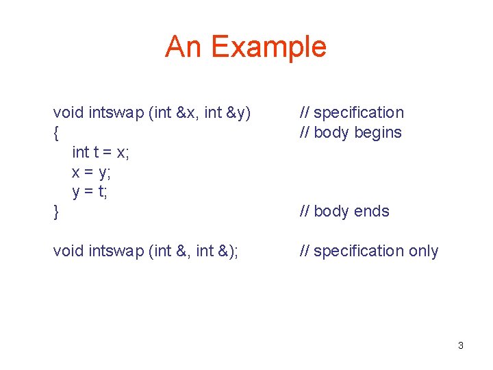 An Example void intswap (int &x, int &y) { int t = x; x