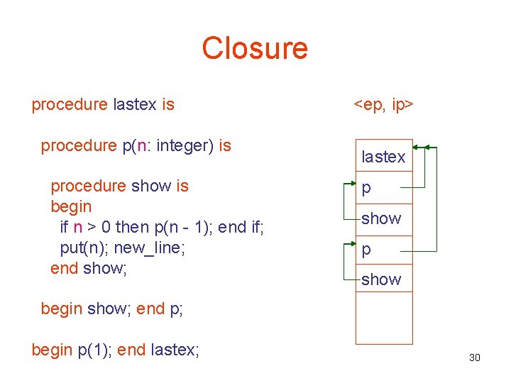 Closure procedure lastex is procedure p(n: integer) is procedure show is begin if n