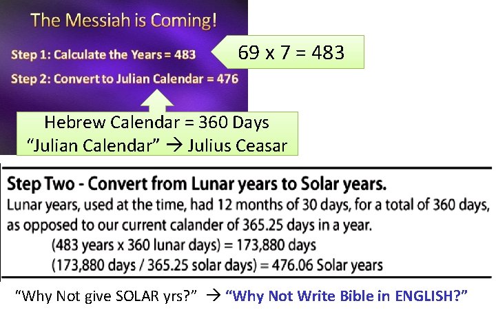 69 x 7 = 483 Hebrew Calendar = 360 Days “Julian Calendar” Julius Ceasar 69 x 7 = 483 Hebrew Calendar = 360 Days “Julian Calendar” Julius Ceasar