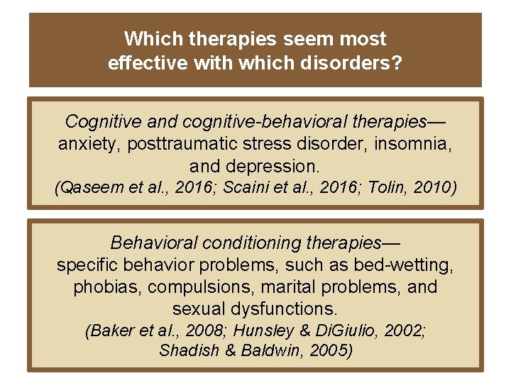 Which therapies seem most effective with which disorders? Cognitive and cognitive-behavioral therapies— anxiety, posttraumatic
