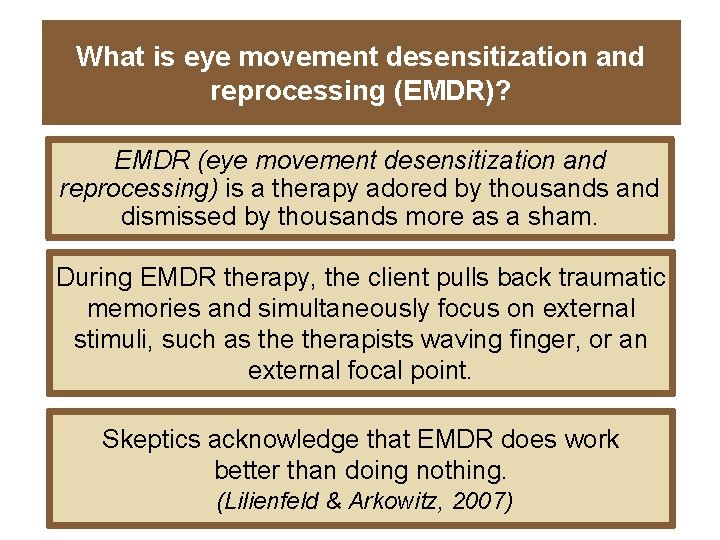 What is eye movement desensitization and reprocessing (EMDR)? EMDR (eye movement desensitization and reprocessing)