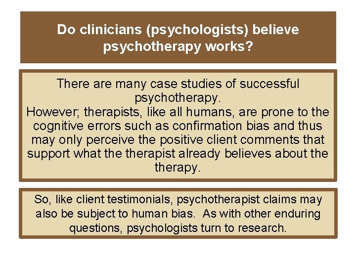 Do clinicians (psychologists) believe psychotherapy works? There are many case studies of successful psychotherapy.