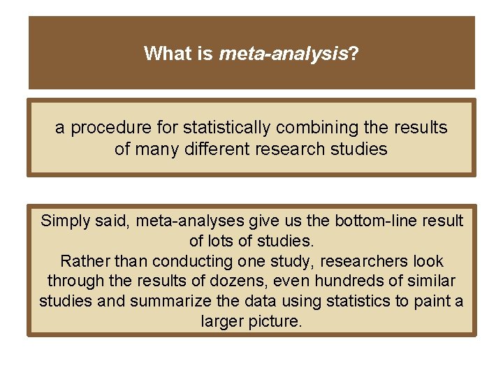 What is meta-analysis? a procedure for statistically combining the results of many different research