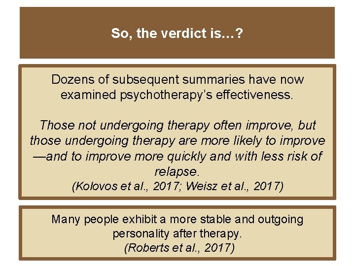 So, the verdict is…? Dozens of subsequent summaries have now examined psychotherapy’s effectiveness. Those