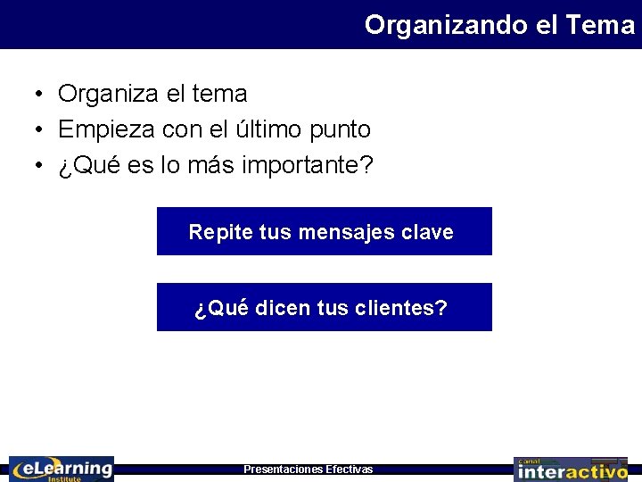 Organizando el Tema • Organiza el tema • Empieza con el último punto •