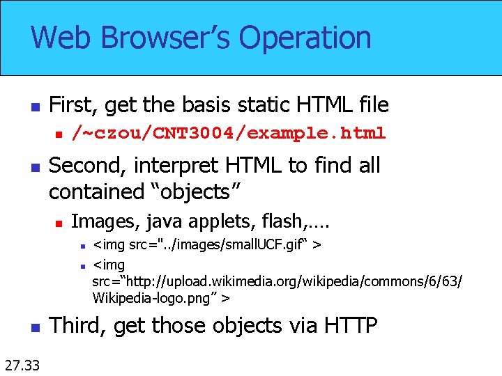 Web Browser’s Operation n First, get the basis static HTML file n n /~czou/CNT