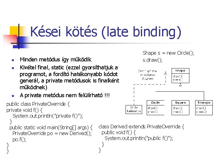 Kései kötés (late binding) Minden metódus így működik Kivétel final, static (ezzel gyorsíthatjuk a
