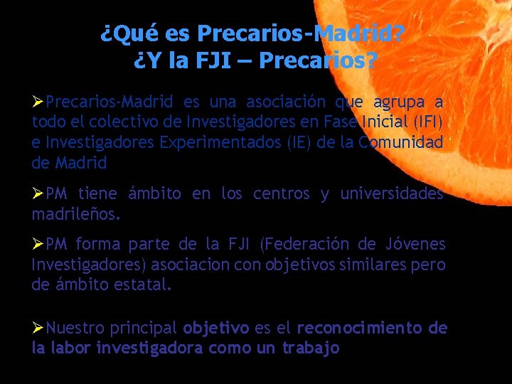 ¿Qué es Precarios-Madrid? ¿Y la FJI – Precarios? ØPrecarios-Madrid es una asociación que agrupa