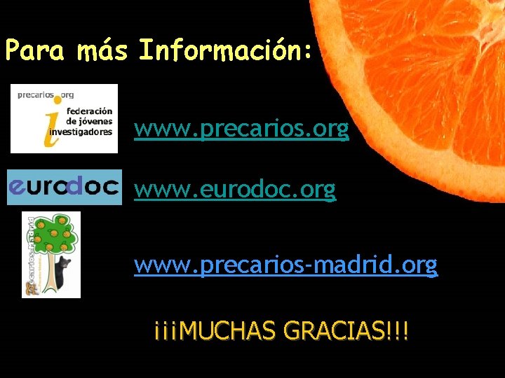 Para más Información: www. precarios. org www. eurodoc. org www. precarios-madrid. org ¡¡¡MUCHAS GRACIAS!!!