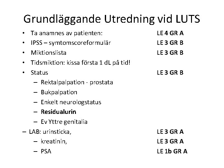 Grundläggande Utredning vid LUTS Ta anamnes av patienten: IPSS – symtomscoreformulär Miktionslista Tidsmiktion: kissa