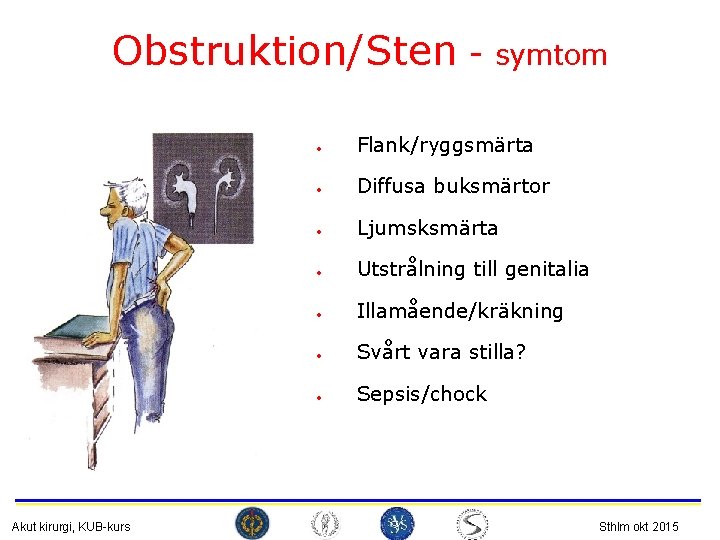 Obstruktion/Sten - symtom Akut kirurgi, KUB-kurs • Flank/ryggsmärta • Diffusa buksmärtor • Ljumsksmärta •