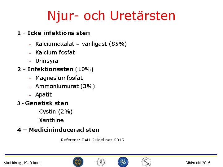 Njur- och Uretärsten 1 - Icke infektions sten — Kalciumoxalat – vanligast (85%) —