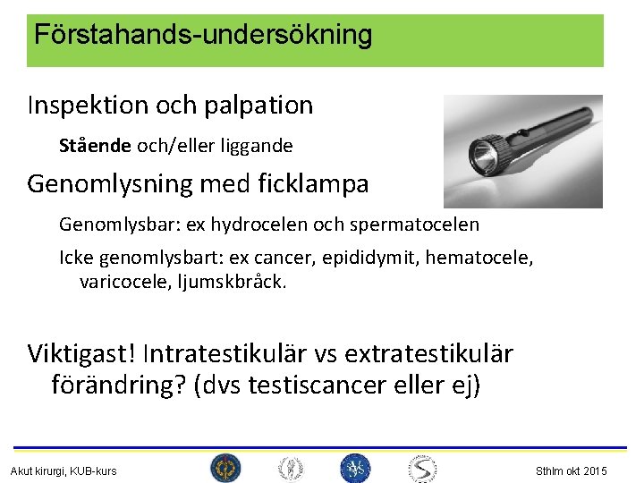 Förstahands-undersökning Inspektion och palpation Stående och/eller liggande Genomlysning med ficklampa Genomlysbar: ex hydrocelen och