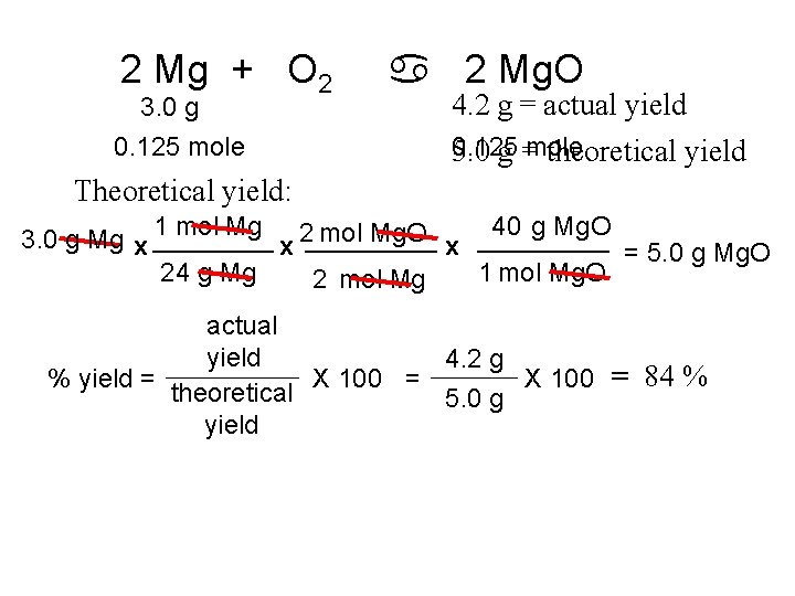 2 Mg + O 2 3. 0 g 0. 125 mole a 2 Mg. 2 Mg + O 2 3. 0 g 0. 125 mole a 2 Mg.