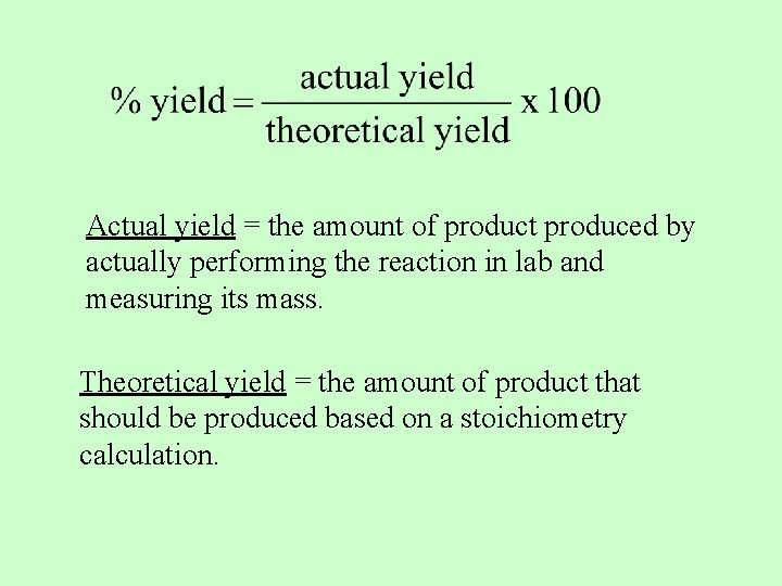 Actual yield = the amount of product produced by actually performing the reaction in Actual yield = the amount of product produced by actually performing the reaction in