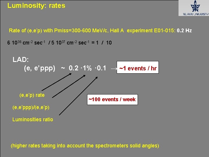 Luminosity: rates Rate of (e, e’p) with Pmiss=300 -600 Me. V/c, Hall A experiment Luminosity: rates Rate of (e, e’p) with Pmiss=300 -600 Me. V/c, Hall A experiment