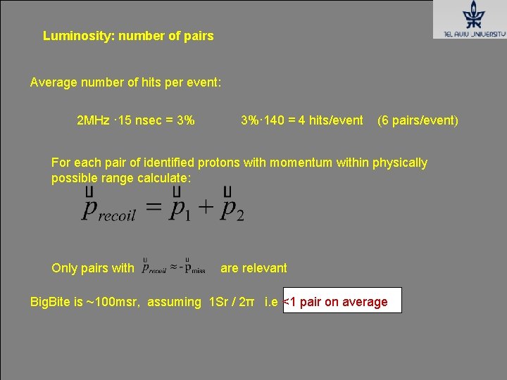Luminosity: number of pairs Average number of hits per event: 2 MHz · 15 Luminosity: number of pairs Average number of hits per event: 2 MHz · 15