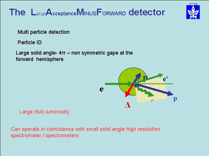 The Large. Acceptance. MINUSFORWARD detector Multi particle detection Particle ID Large solid angle- 4π The Large. Acceptance. MINUSFORWARD detector Multi particle detection Particle ID Large solid angle- 4π