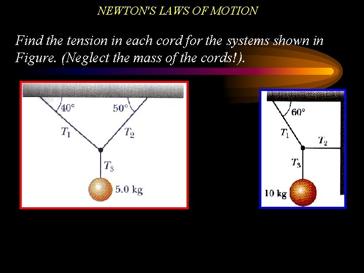 NEWTON'S LAWS OF MOTION Find the tension in each cord for the systems shown