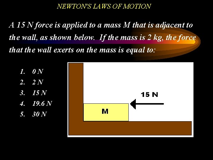 NEWTON'S LAWS OF MOTION A 15 N force is applied to a mass M