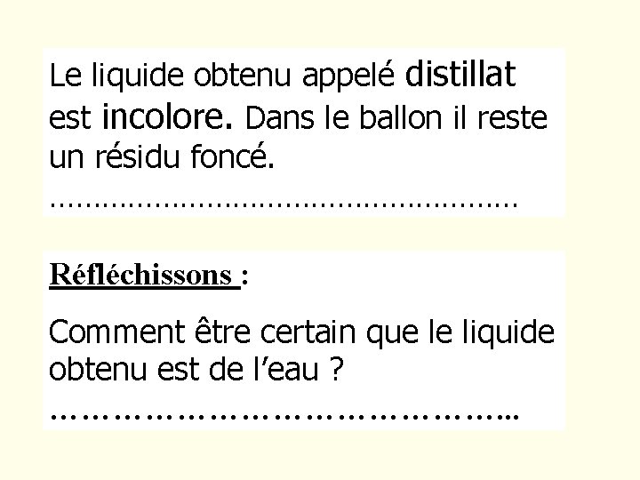 Le liquide obtenu appelé distillat est incolore. Dans le ballon il reste un résidu Le liquide obtenu appelé distillat est incolore. Dans le ballon il reste un résidu