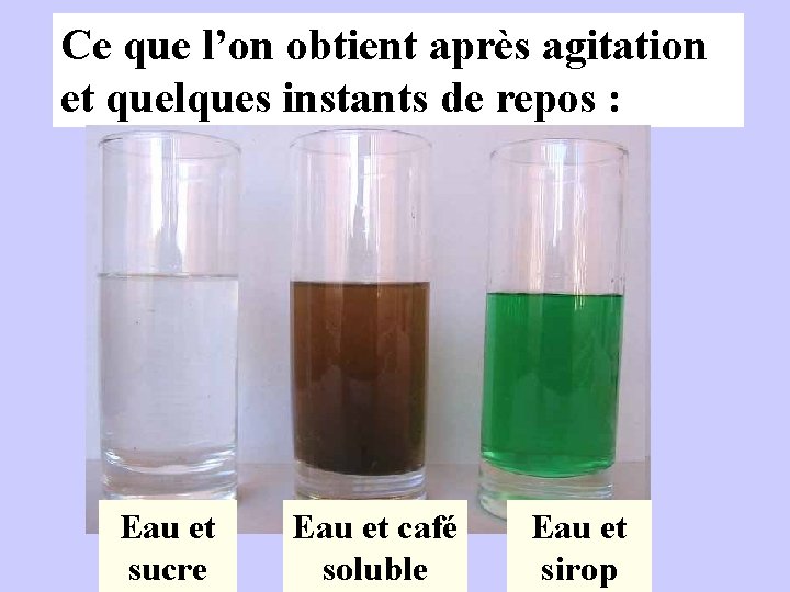 Ce que l’on obtient après agitation et quelques instants de repos : Eau et Ce que l’on obtient après agitation et quelques instants de repos : Eau et