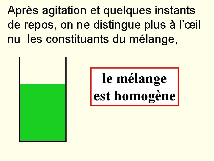 Après agitation et quelques instants de repos, on ne distingue plus à l’œil nu Après agitation et quelques instants de repos, on ne distingue plus à l’œil nu