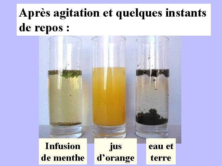 Après agitation et quelques instants de repos : Infusion de menthe jus d’orange eau Après agitation et quelques instants de repos : Infusion de menthe jus d’orange eau