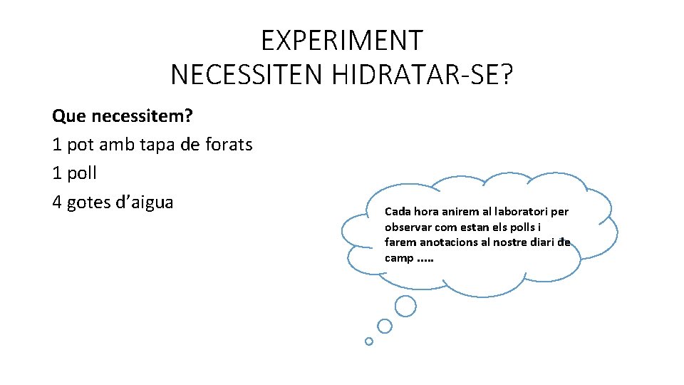 EXPERIMENT NECESSITEN HIDRATAR-SE? Que necessitem? 1 pot amb tapa de forats 1 poll 4