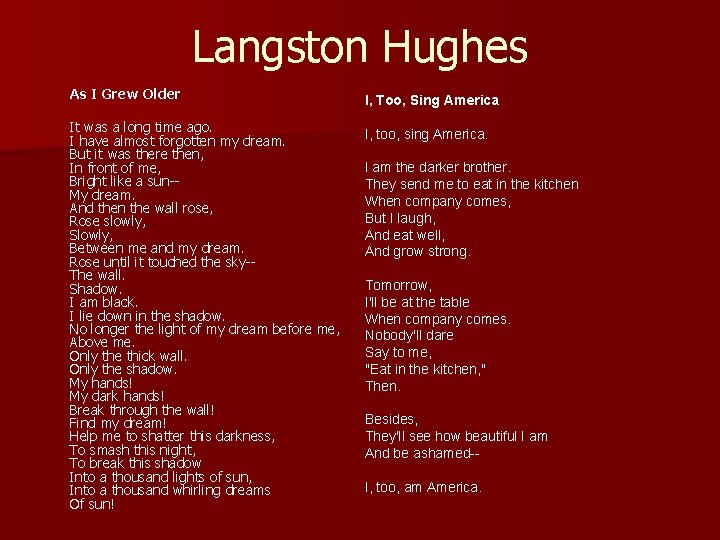 Langston Hughes As I Grew Older It was a long time ago. I have