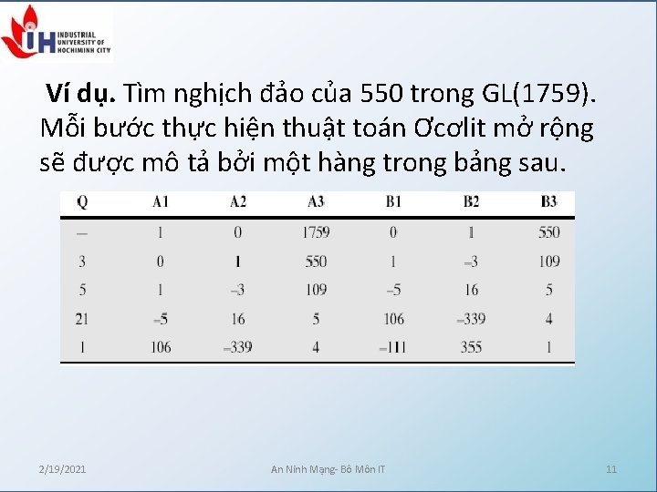 Ví dụ. Tìm nghịch đảo của 550 trong GL(1759). Mỗi bước thực hiện thuật Ví dụ. Tìm nghịch đảo của 550 trong GL(1759). Mỗi bước thực hiện thuật