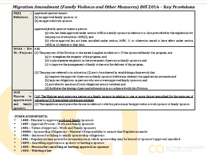 Migration Amendment (Family Violence and Other Measures) Bill 2016 – Key Provisions S 5(1)