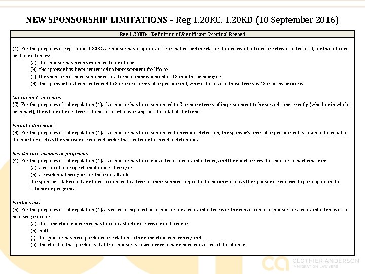 NEW SPONSORSHIP LIMITATIONS – Reg 1. 20 KC, 1. 20 KD (10 September 2016)