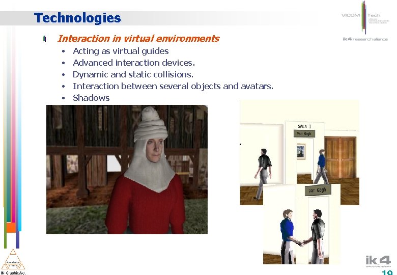 Technologies Interaction in virtual environments • • • Acting as virtual guides Advanced interaction