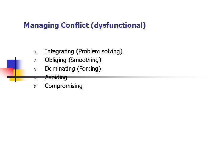 Managing Conflict (dysfunctional) 1. 2. 3. 4. 5. Integrating (Problem solving) Obliging (Smoothing) Dominating Managing Conflict (dysfunctional) 1. 2. 3. 4. 5. Integrating (Problem solving) Obliging (Smoothing) Dominating