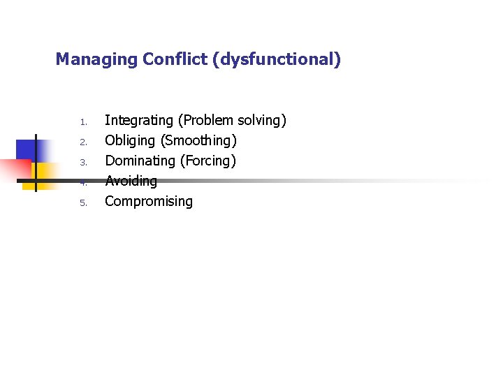 Managing Conflict (dysfunctional) 1. 2. 3. 4. 5. Integrating (Problem solving) Obliging (Smoothing) Dominating