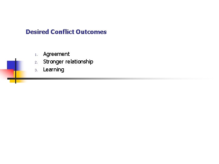 Desired Conflict Outcomes 1. 2. 3. Agreement Stronger relationship Learning 