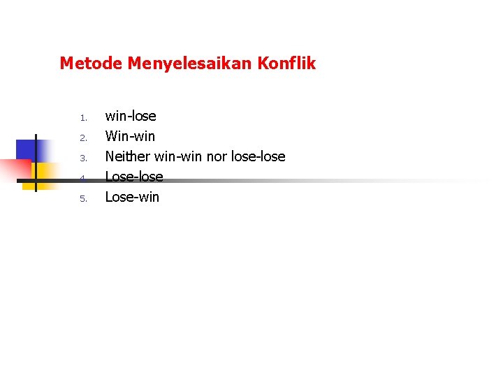 Metode Menyelesaikan Konflik 1. 2. 3. 4. 5. win-lose Win-win Neither win-win nor lose-lose Metode Menyelesaikan Konflik 1. 2. 3. 4. 5. win-lose Win-win Neither win-win nor lose-lose
