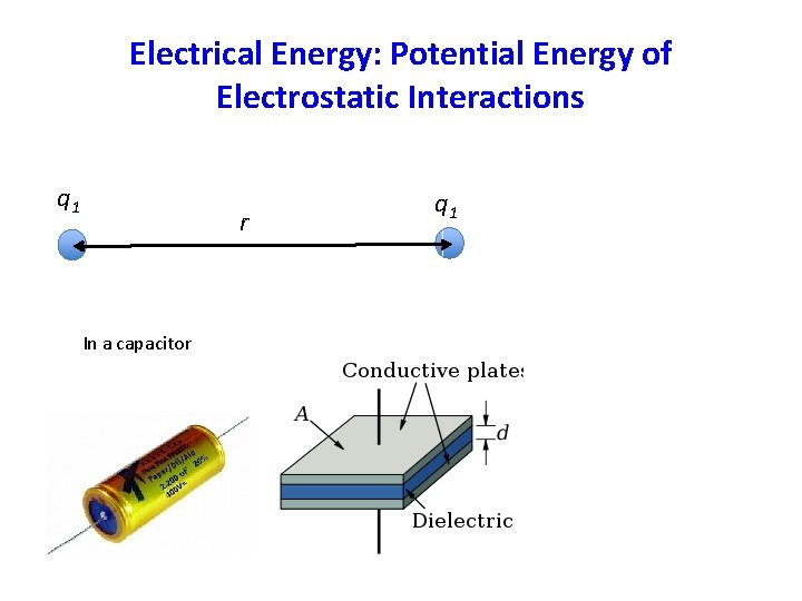 Electrical Energy: Potential Energy of Electrostatic Interactions q 1 r In a capacitor q