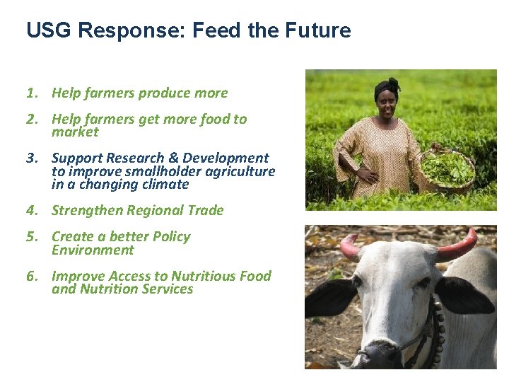 USG Response: Feed the Future 1. Help farmers produce more 2. Help farmers get