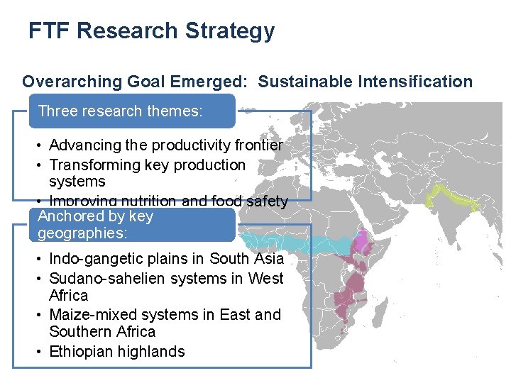 FTF Research Strategy Overarching Goal Emerged: Sustainable Intensification Three research themes: • Advancing the