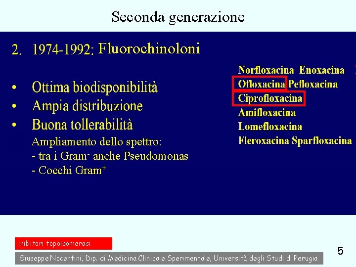 Seconda generazione Fluorochinoloni Ampliamento dello spettro: - tra i Gram- anche Pseudomonas - Cocchi