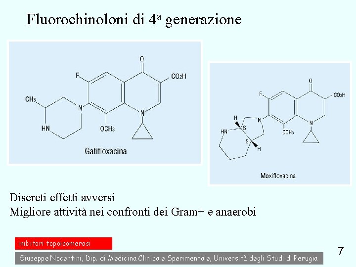 Fluorochinoloni di 4 a generazione Discreti effetti avversi Migliore attività nei confronti dei Gram+