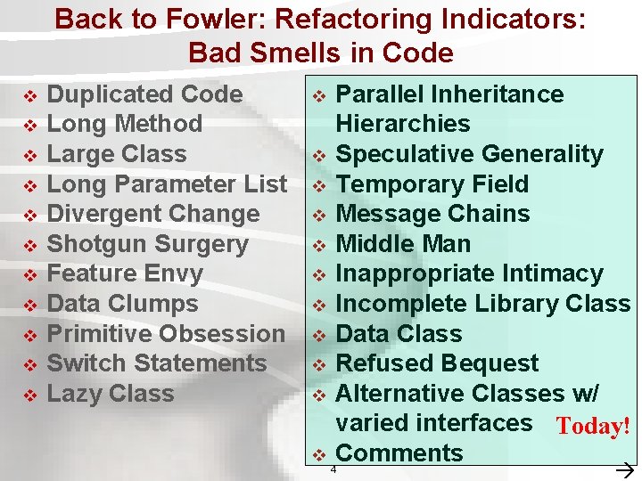 Back to Fowler: Refactoring Indicators: Bad Smells in Code v v v Duplicated Code