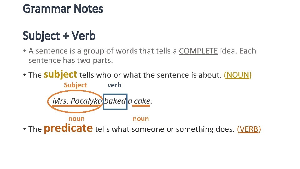 Grammar Notes Subject + Verb • A sentence is a group of words that