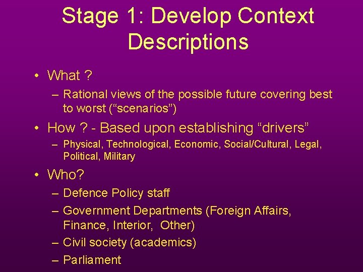 Stage 1: Develop Context Descriptions • What ? – Rational views of the possible Stage 1: Develop Context Descriptions • What ? – Rational views of the possible
