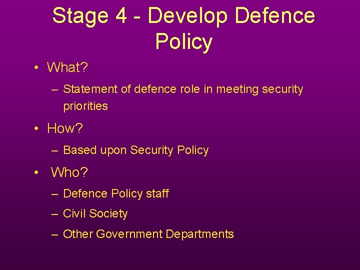 Stage 4 - Develop Defence Policy • What? – Statement of defence role in Stage 4 - Develop Defence Policy • What? – Statement of defence role in