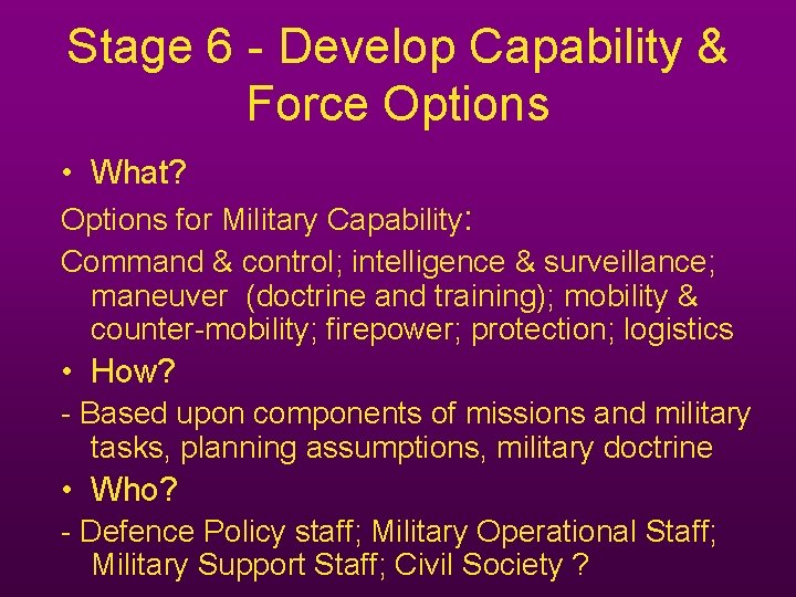 Stage 6 - Develop Capability & Force Options • What? Options for Military Capability: Stage 6 - Develop Capability & Force Options • What? Options for Military Capability:
