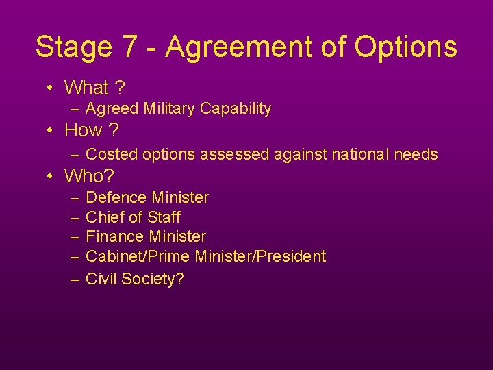 Stage 7 - Agreement of Options • What ? – Agreed Military Capability • Stage 7 - Agreement of Options • What ? – Agreed Military Capability •