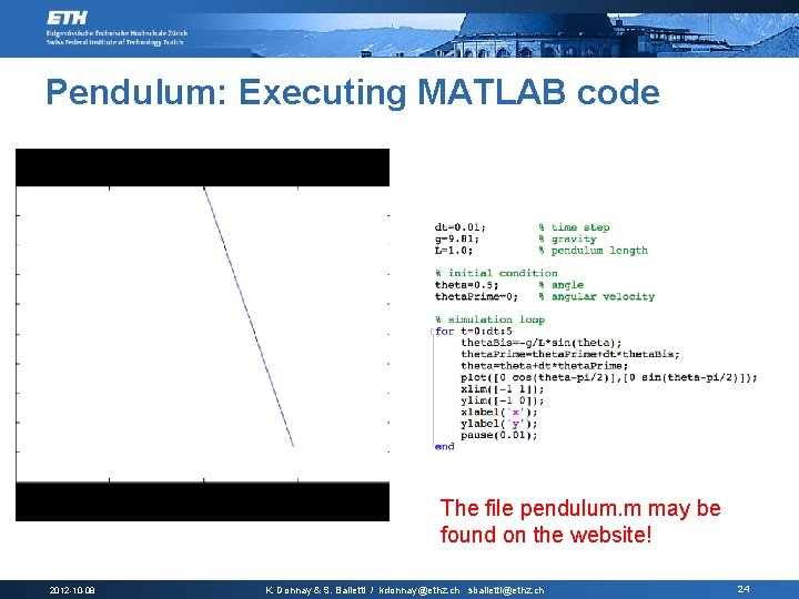 Pendulum: Executing MATLAB code The file pendulum. m may be found on the website!